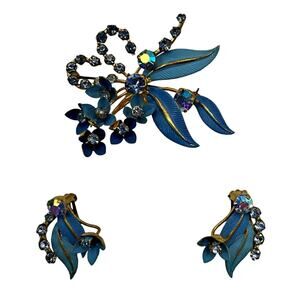 VTG Austrian Robin Egg Blue Floral Leaf Spray AB Rhinestone Brooch & Earrings